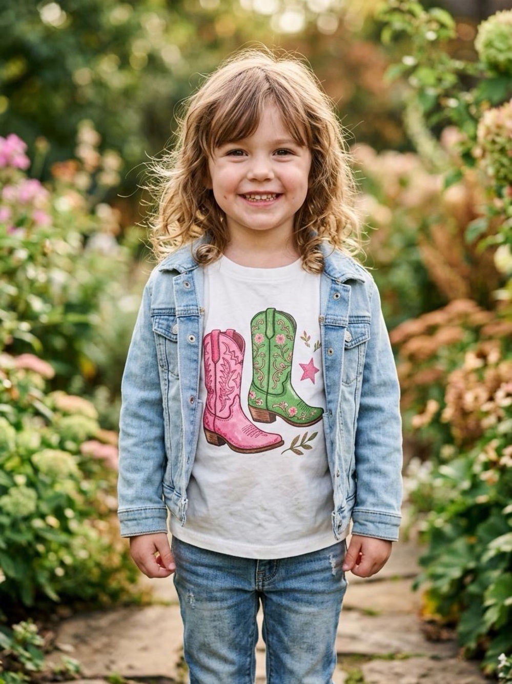 SHEIN White Tee with Pink and Green Cowboy Boot Graphic